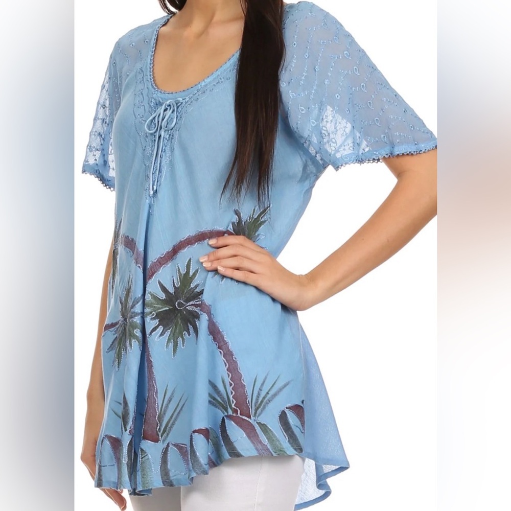 Sakkas Light Blue Palm Print Women's Blouse